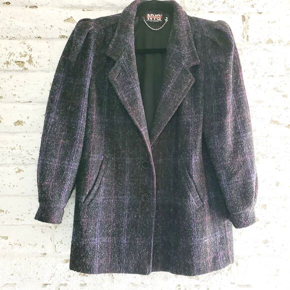 new york girl Jackets & Blazers - Vintage New York Girl Womens Plaid Gray Wool Coat Mohair 1980s Button Front SZ 7